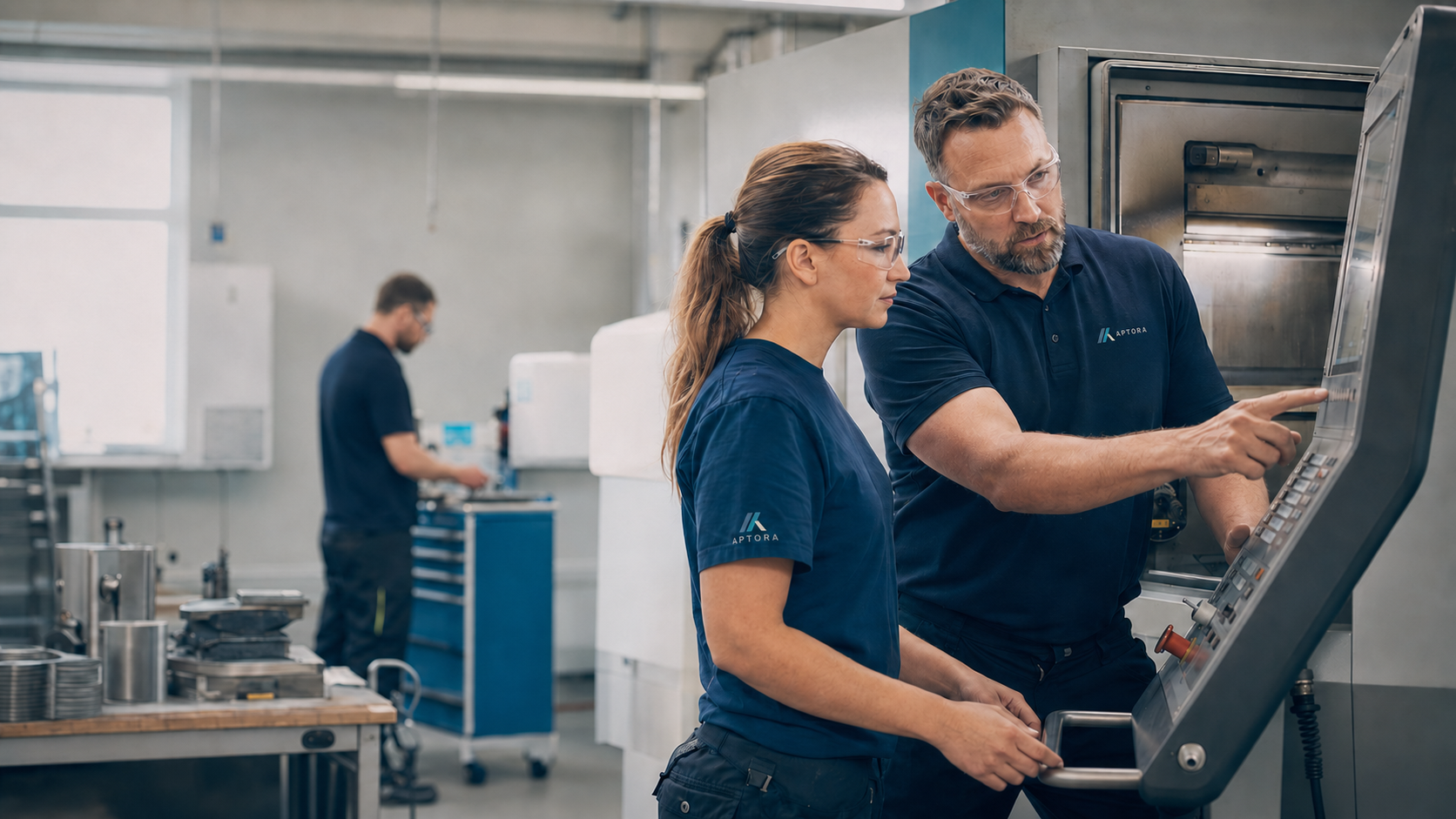 Yrkeslärare visar en deltagare hur CNC-maskinens styrpanel används i verkstaden.