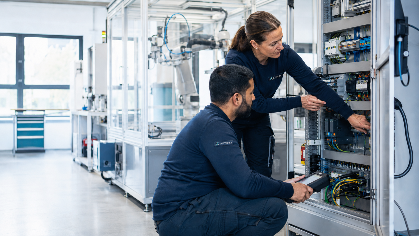 Lärare och deltagare felsöker tillsammans i ett automationsskåp med PLC och robotcell.